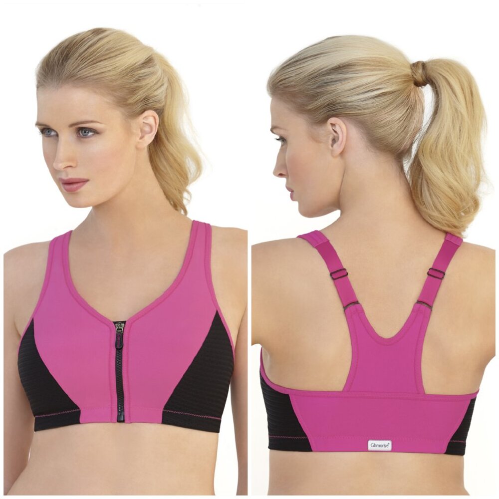 Glamorise SPORT Bra 38B (HIGH-IMPACT) Wicks! (RACERBACK) T-Back Zip-Up PINK New